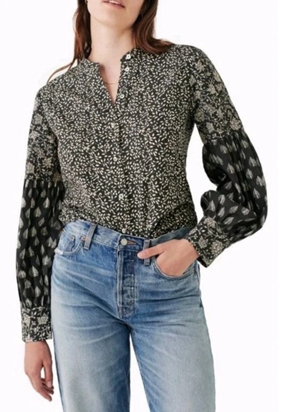 Faherty Women's Large Adalyn Organic Cotton Button-Up Shirt Black Boho Long Slv